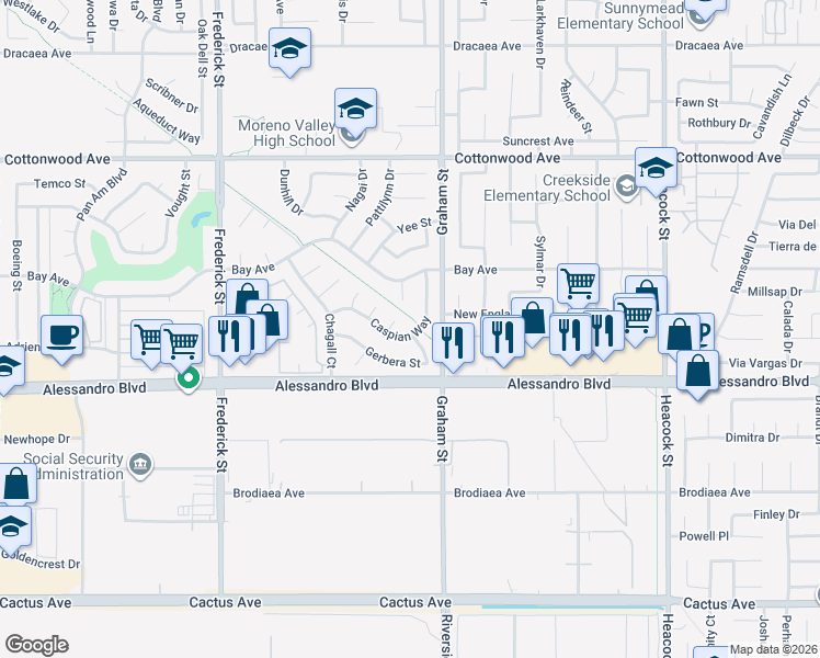 map of restaurants, bars, coffee shops, grocery stores, and more near 13905 Caspian Way in Moreno Valley