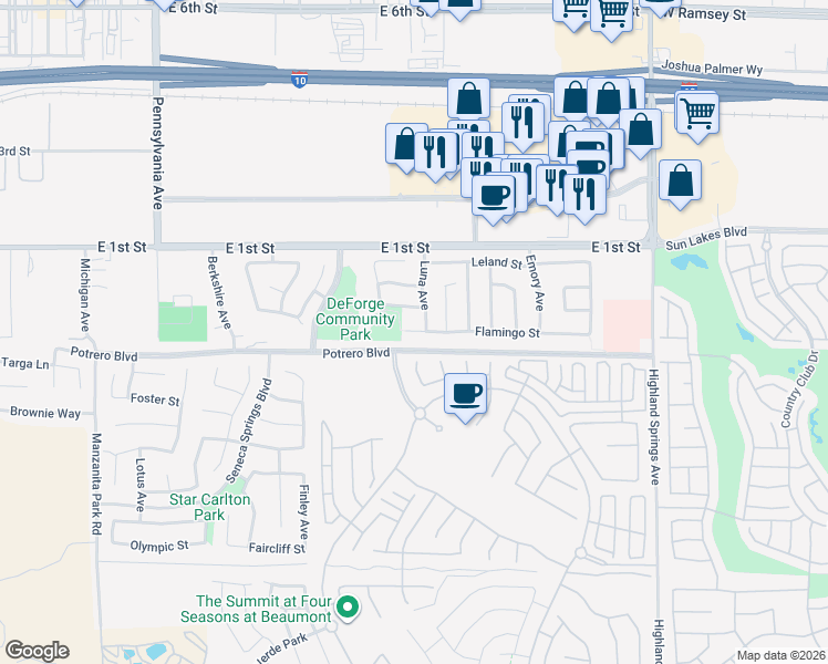 map of restaurants, bars, coffee shops, grocery stores, and more near 1490 Flamingo Street in Beaumont