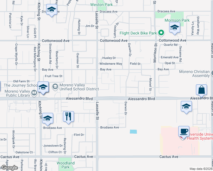 map of restaurants, bars, coffee shops, grocery stores, and more near 26097 Stargazer Avenue in Moreno Valley