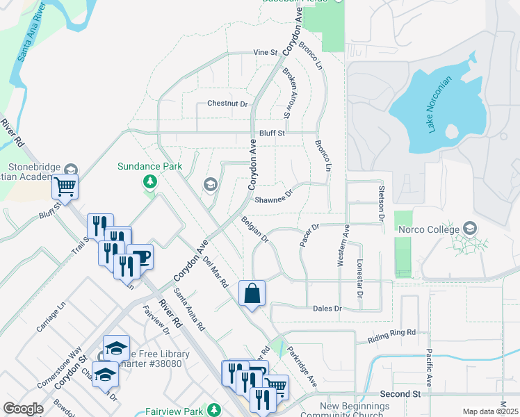 map of restaurants, bars, coffee shops, grocery stores, and more near 3494 Shawnee Drive in Norco