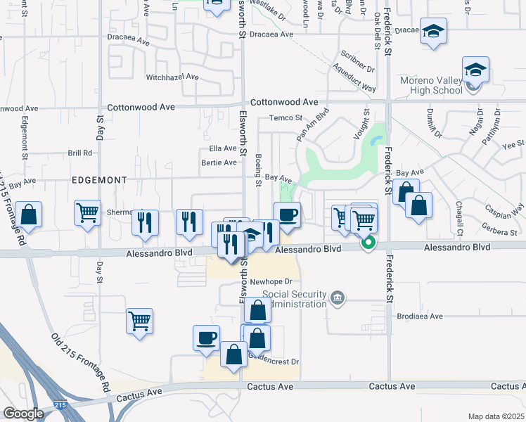 map of restaurants, bars, coffee shops, grocery stores, and more near 13874 Boeing Street in Moreno Valley