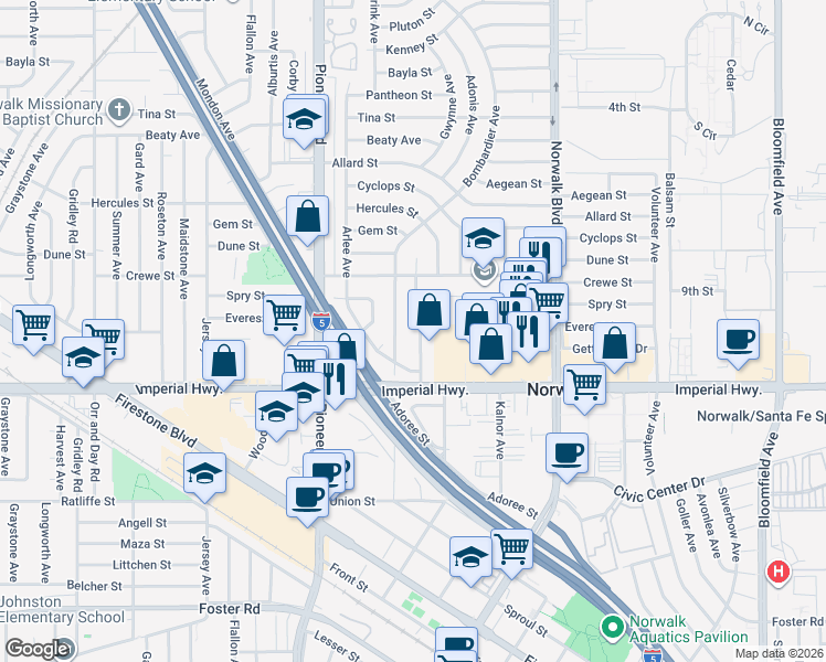 map of restaurants, bars, coffee shops, grocery stores, and more near 12335 Zeus Avenue in Norwalk