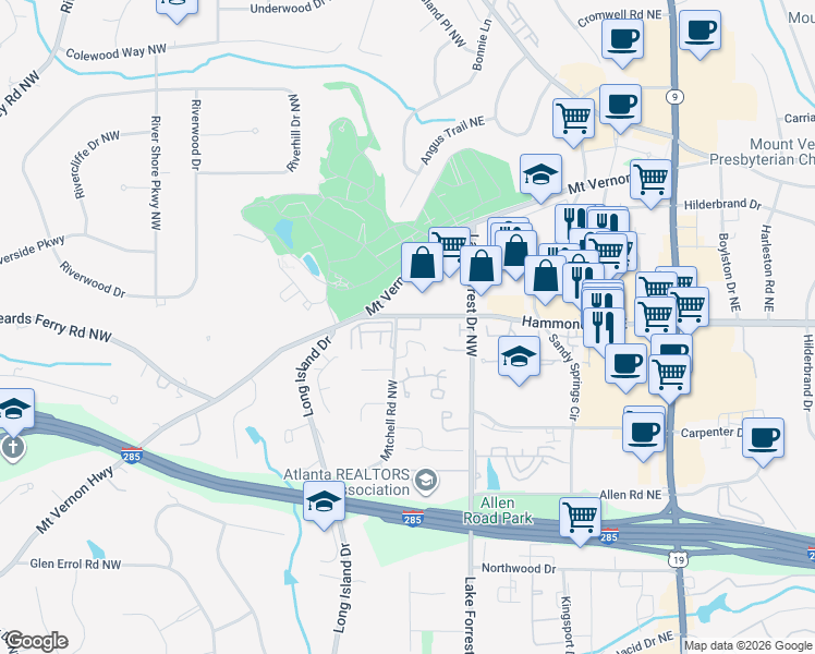map of restaurants, bars, coffee shops, grocery stores, and more near 11 Braemore Drive Northwest in Atlanta