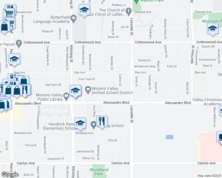 map of restaurants, bars, coffee shops, grocery stores, and more near 13885 Chervil Court in Moreno Valley