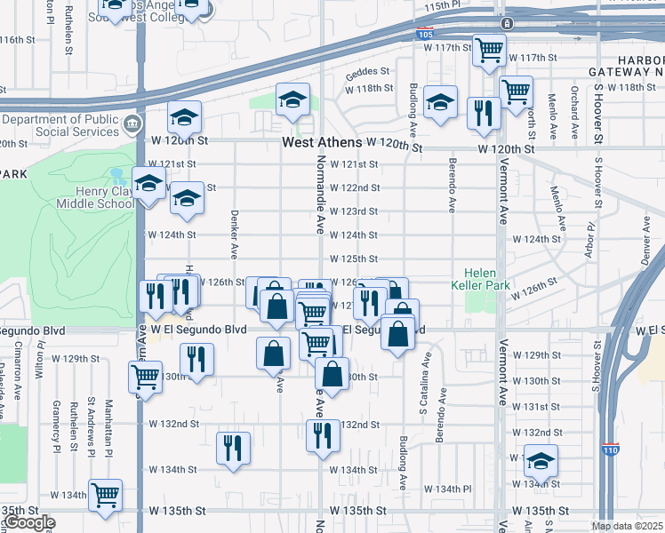 map of restaurants, bars, coffee shops, grocery stores, and more near 1405 West 125th Street in Los Angeles