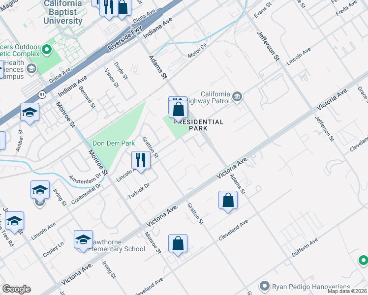map of restaurants, bars, coffee shops, grocery stores, and more near 2862 Sonoma Drive in Riverside