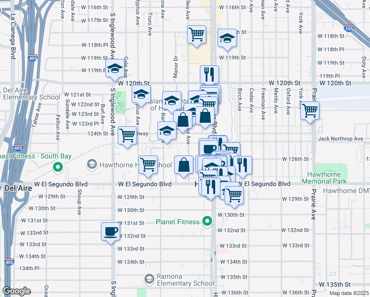 map of restaurants, bars, coffee shops, grocery stores, and more near 12503 Grevillea Avenue in Hawthorne
