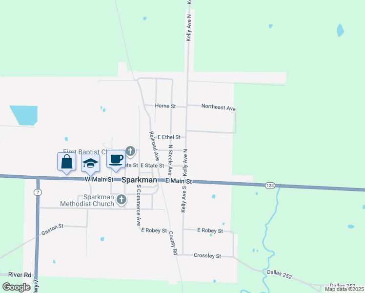 map of restaurants, bars, coffee shops, grocery stores, and more near 225 East Ethel Street in Sparkman