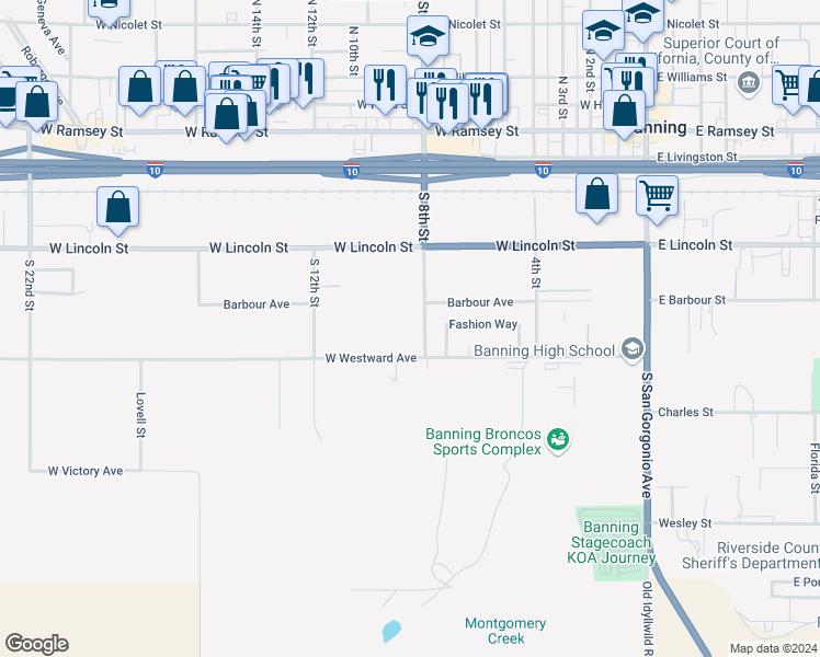map of restaurants, bars, coffee shops, grocery stores, and more near 0 West Westward Avenue in Banning