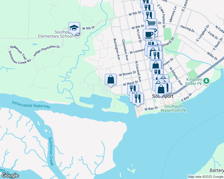 map of restaurants, bars, coffee shops, grocery stores, and more near 600 West Brunswick Street in Southport