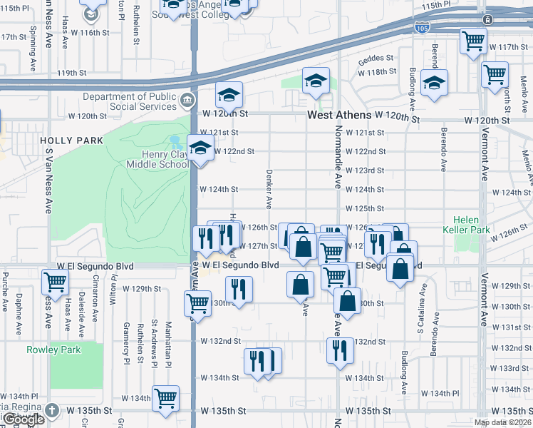 map of restaurants, bars, coffee shops, grocery stores, and more near 1604 West 125th Street in Los Angeles