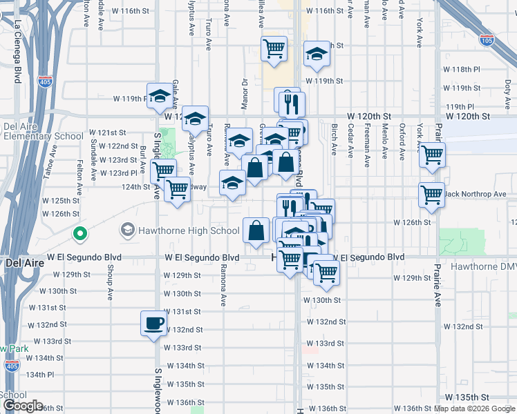 map of restaurants, bars, coffee shops, grocery stores, and more near 12503 Grevillea Avenue in Hawthorne