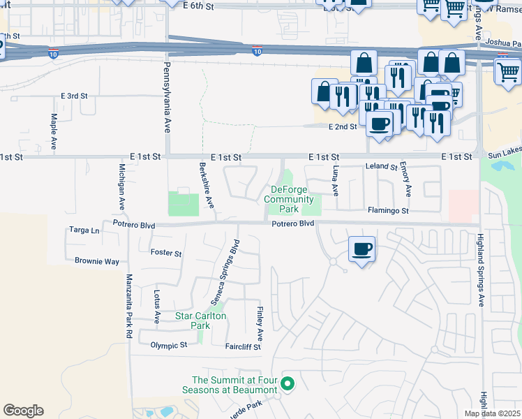 map of restaurants, bars, coffee shops, grocery stores, and more near 1449 Rollingwood Street in Beaumont