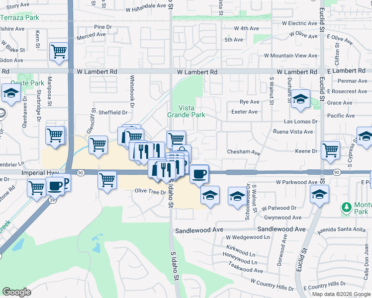 map of restaurants, bars, coffee shops, grocery stores, and more near 1052 South Idaho Street in La Habra
