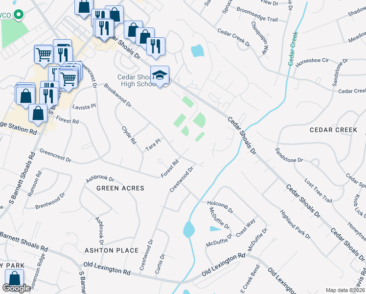 map of restaurants, bars, coffee shops, grocery stores, and more near 635 Forest Road in Athens