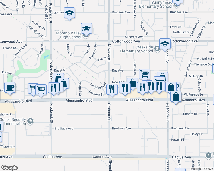 map of restaurants, bars, coffee shops, grocery stores, and more near 13887 Caspian Way in Moreno Valley