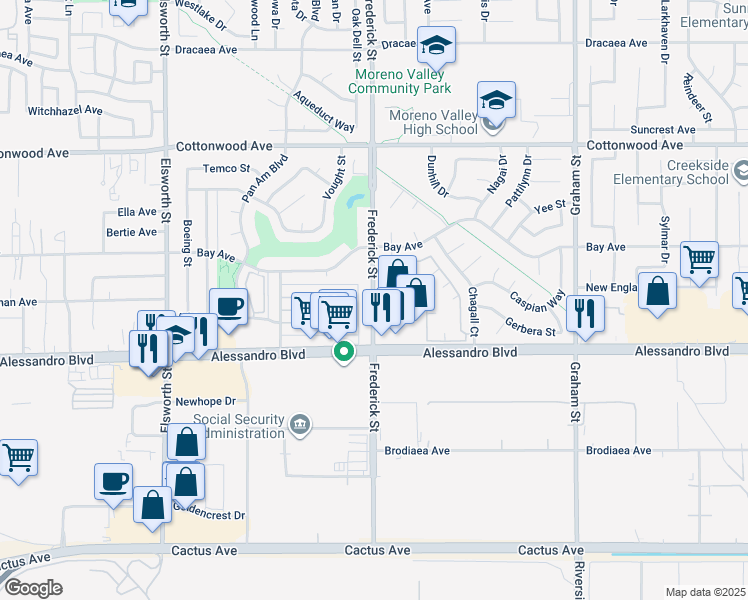 map of restaurants, bars, coffee shops, grocery stores, and more near 20 Frederick Street in Moreno Valley