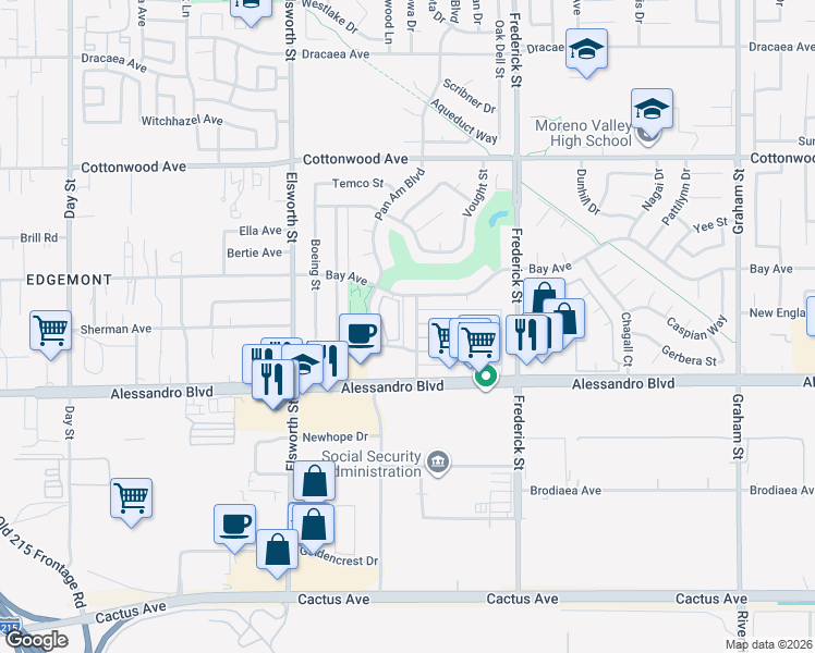 map of restaurants, bars, coffee shops, grocery stores, and more near 13853 Courage Street in Moreno Valley