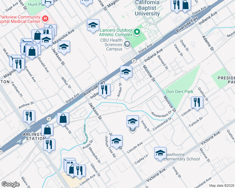 map of restaurants, bars, coffee shops, grocery stores, and more near 3360 Arrowhead Street in Riverside