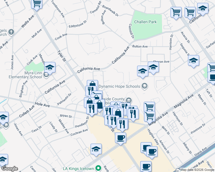 map of restaurants, bars, coffee shops, grocery stores, and more near 4145 Mariposa Avenue in Riverside