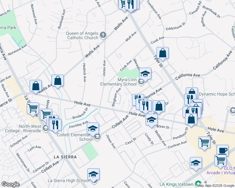 map of restaurants, bars, coffee shops, grocery stores, and more near 10546 Bingham Avenue in Riverside