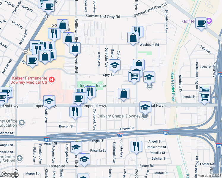 map of restaurants, bars, coffee shops, grocery stores, and more near 12346 Dunrobin Avenue in Downey