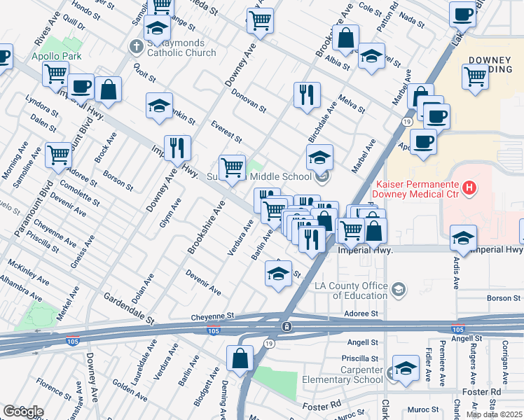 map of restaurants, bars, coffee shops, grocery stores, and more near 8607 1/2 Imperial Highway in Downey