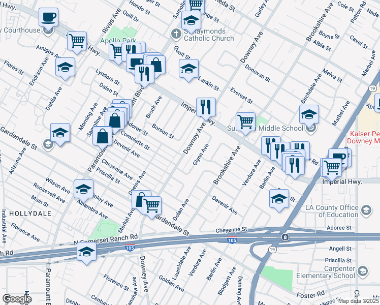 map of restaurants, bars, coffee shops, grocery stores, and more near 12709 Glynn Avenue in Downey