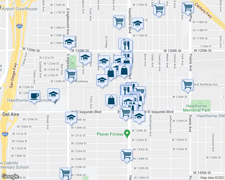 map of restaurants, bars, coffee shops, grocery stores, and more near 12420 Grevillea Avenue in Hawthorne