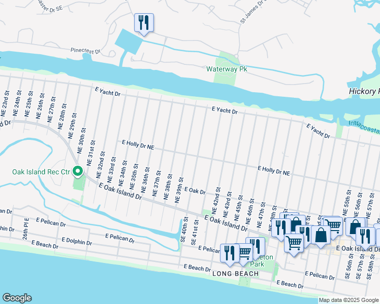 map of restaurants, bars, coffee shops, grocery stores, and more near 308 Northeast 39th Street in Oak Island