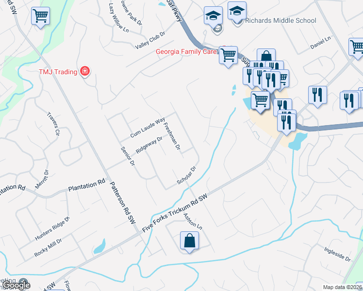 map of restaurants, bars, coffee shops, grocery stores, and more near 412 Freshman Drive in Lawrenceville