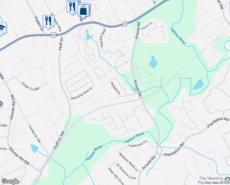 map of restaurants, bars, coffee shops, grocery stores, and more near 2628 Kirkhill Court Northwest in Lawrenceville