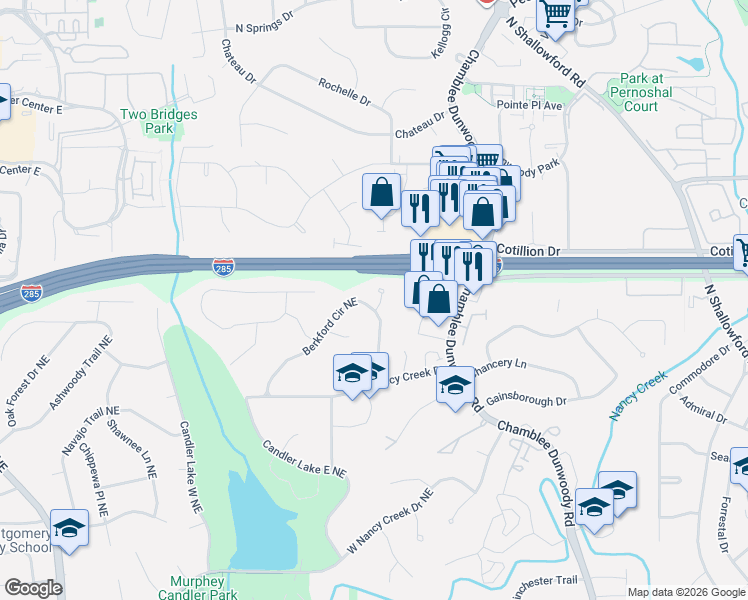 map of restaurants, bars, coffee shops, grocery stores, and more near 4250 Cranton Court Northeast in Atlanta