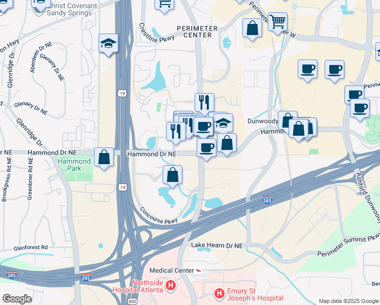map of restaurants, bars, coffee shops, grocery stores, and more near 1100 Hammond Drive in Atlanta