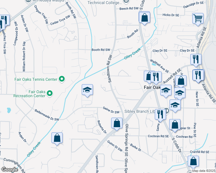 map of restaurants, bars, coffee shops, grocery stores, and more near 1399 Sandtown Green Southwest in Marietta