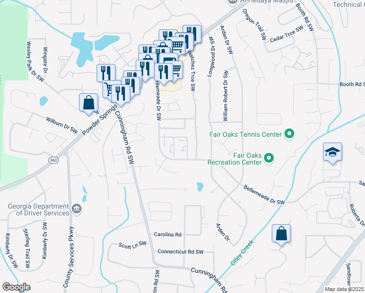 map of restaurants, bars, coffee shops, grocery stores, and more near 1344 Surrey Lane Southwest in Marietta