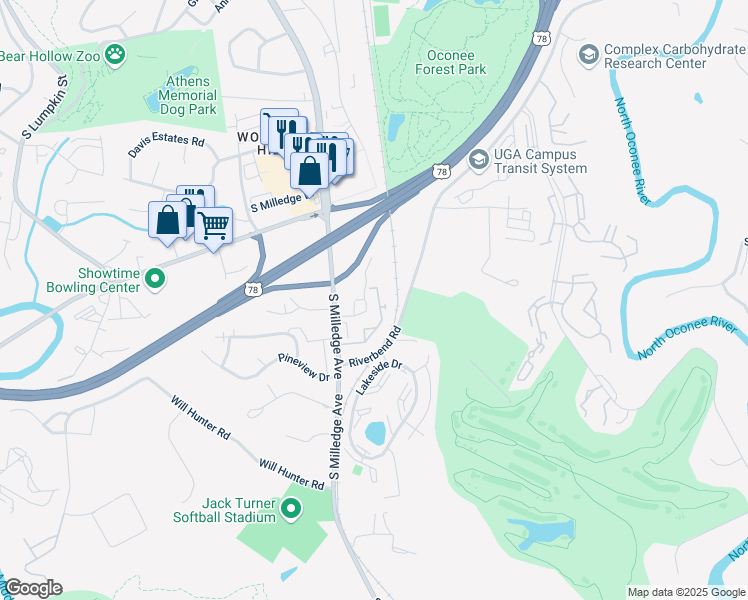 map of restaurants, bars, coffee shops, grocery stores, and more near 2165 South Milledge Avenue in Athens
