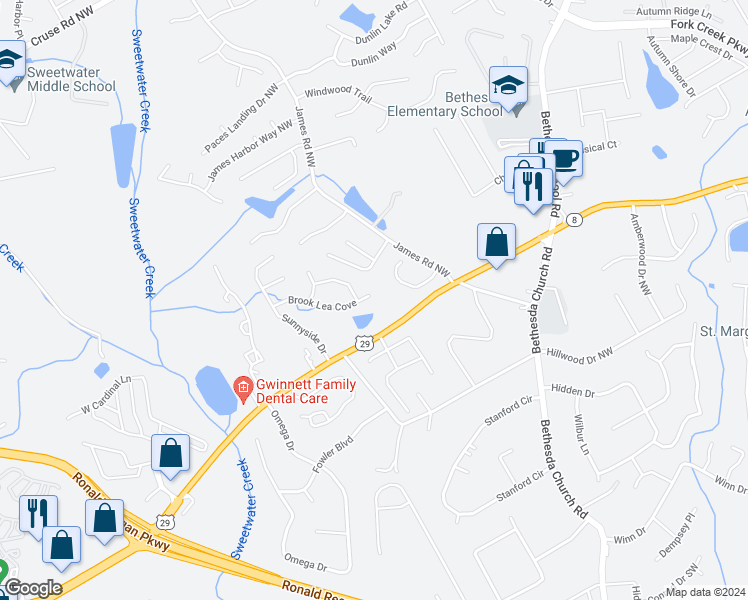 map of restaurants, bars, coffee shops, grocery stores, and more near 162 Brook Lea Cove in Lawrenceville