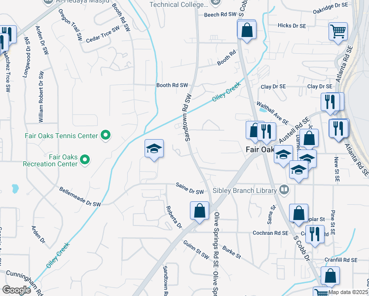 map of restaurants, bars, coffee shops, grocery stores, and more near 1399 Sandtown Green Southwest in Marietta
