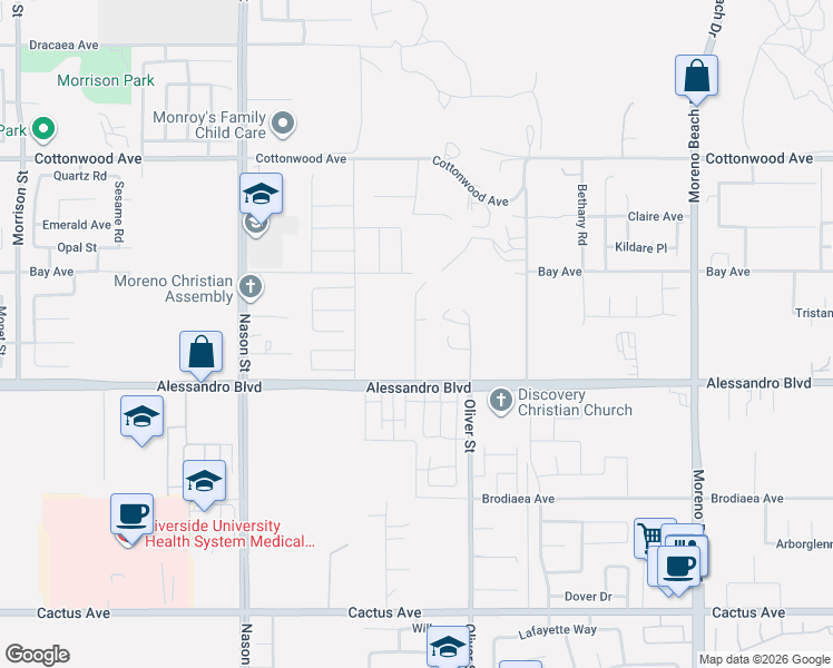 map of restaurants, bars, coffee shops, grocery stores, and more near 13918 Marion Road in Moreno Valley
