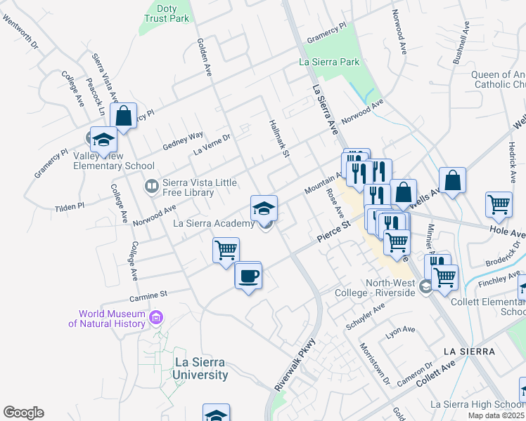 map of restaurants, bars, coffee shops, grocery stores, and more near 5004 Golden Avenue in Riverside