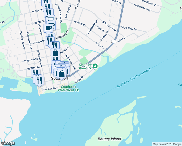 map of restaurants, bars, coffee shops, grocery stores, and more near 410 East Bay Street in Southport