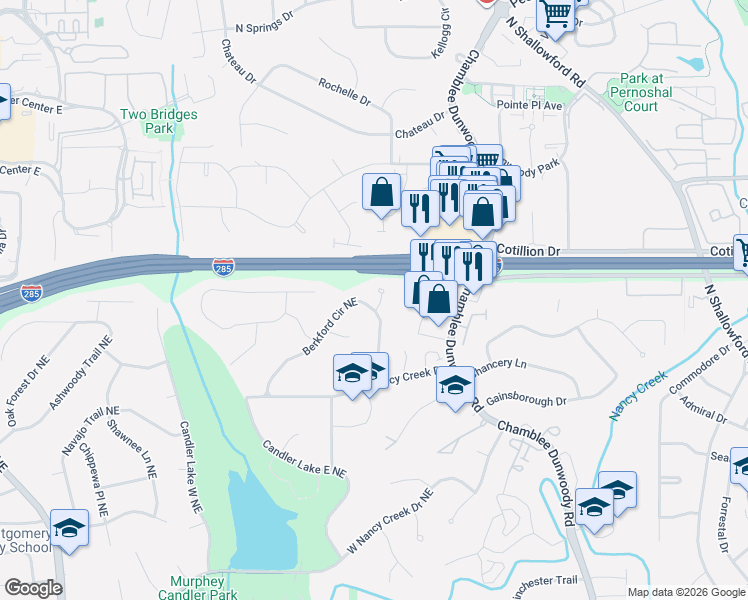 map of restaurants, bars, coffee shops, grocery stores, and more near 4250 Cranton Court Northeast in Atlanta