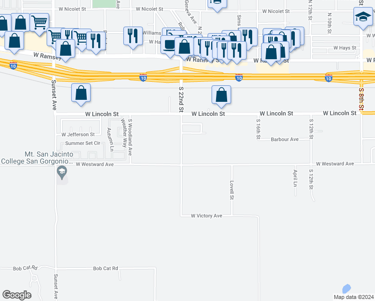 map of restaurants, bars, coffee shops, grocery stores, and more near 612 South 22nd Street in Banning