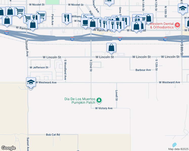 map of restaurants, bars, coffee shops, grocery stores, and more near 612 South 22nd Street in Banning