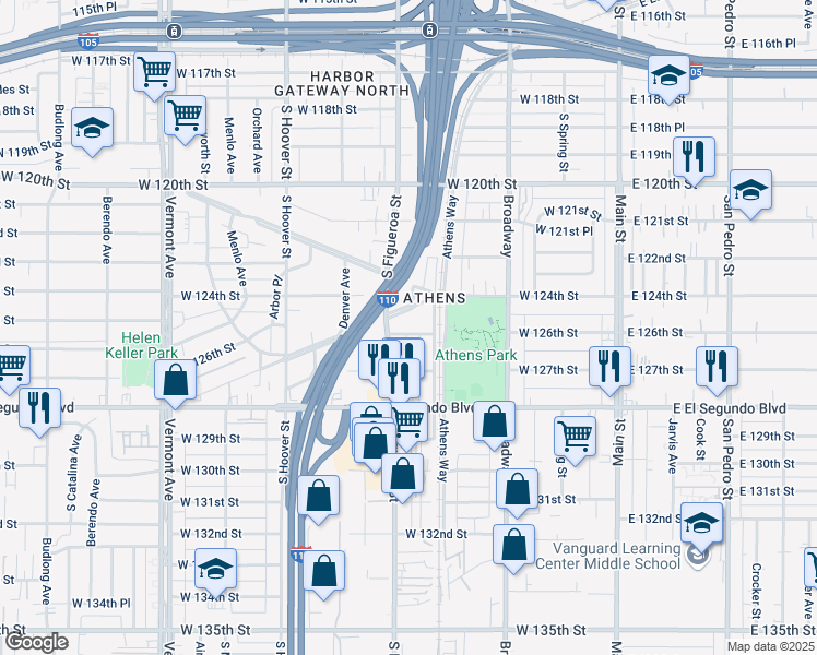 map of restaurants, bars, coffee shops, grocery stores, and more near 433 West 126th Street in Los Angeles