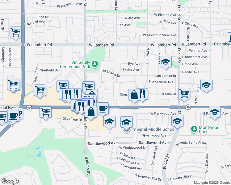 map of restaurants, bars, coffee shops, grocery stores, and more near 1070 La Casa Avenue in La Habra