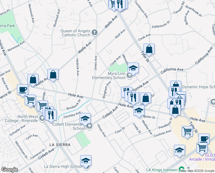 map of restaurants, bars, coffee shops, grocery stores, and more near 10546 Bingham Avenue in Riverside