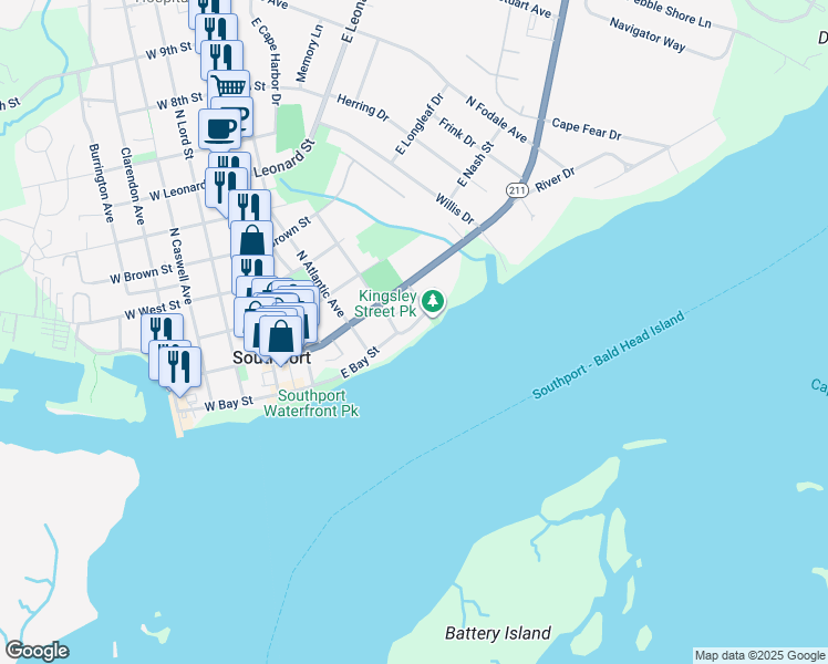 map of restaurants, bars, coffee shops, grocery stores, and more near 410 East Bay Street in Southport