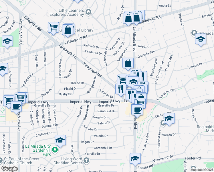 map of restaurants, bars, coffee shops, grocery stores, and more near 12212 Hillwood Drive in Whittier